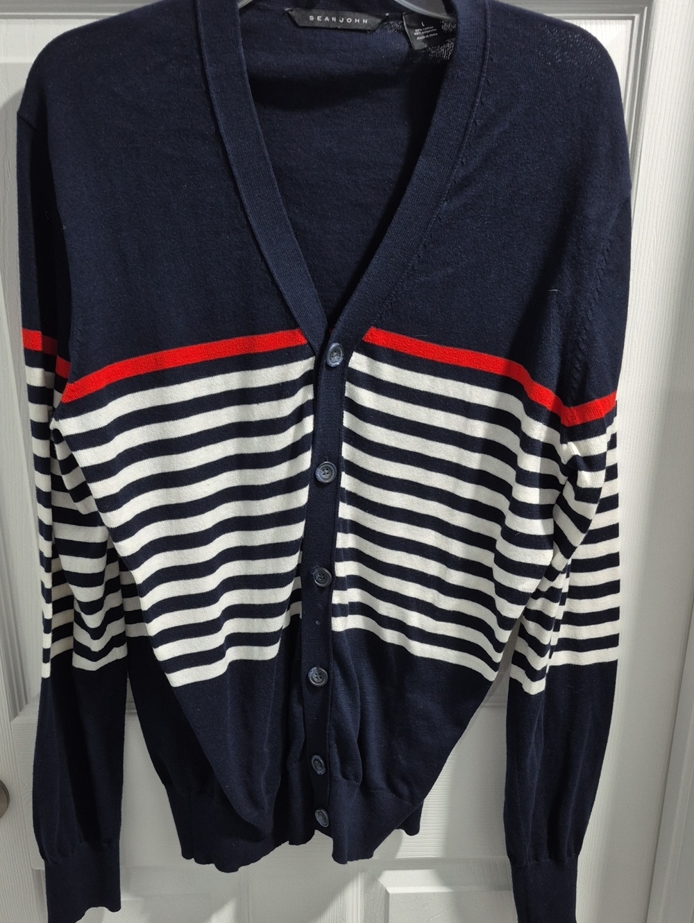 Sean John Navy, White & Red Striped V-Neck Button Cardigan